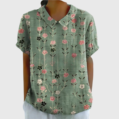 Thea | Women's Linen Blend Floral Short Sleeve Collared Blouse