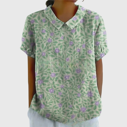 Thea | Women's Linen Blend Floral Short Sleeve Collared Blouse