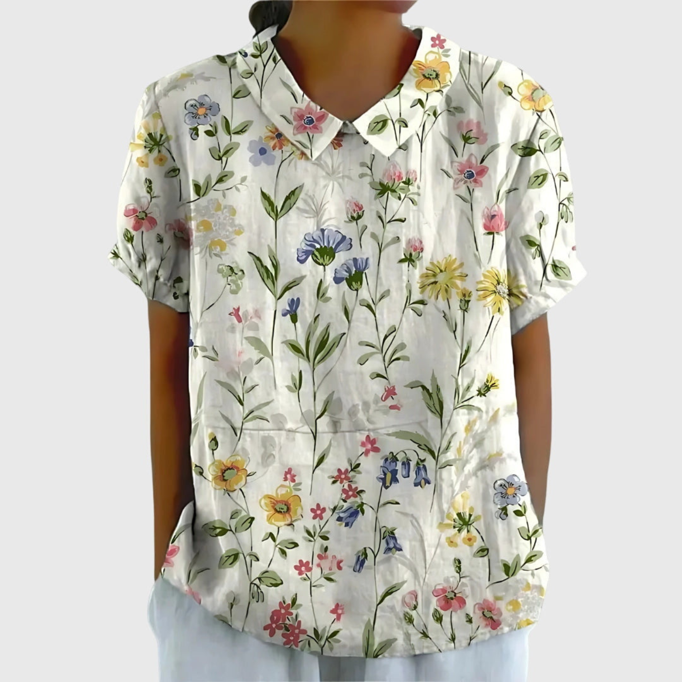 Thea | Women's Linen Blend Floral Short Sleeve Collared Blouse