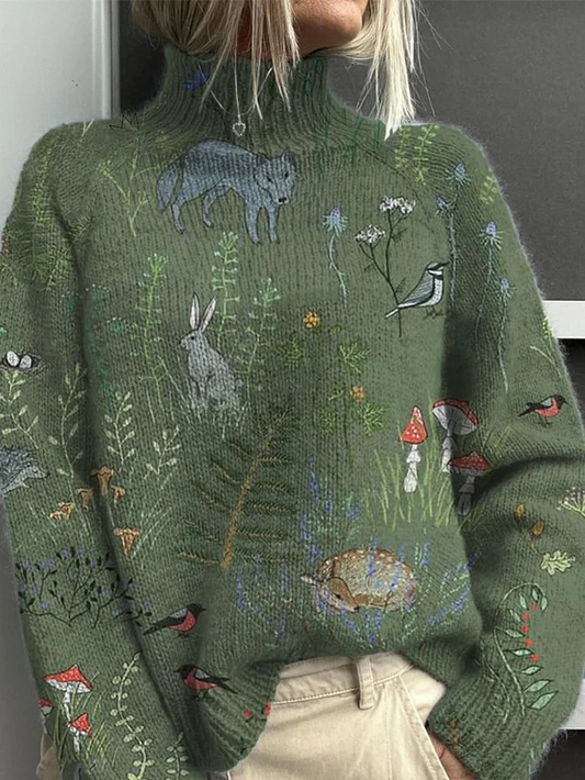 Wisteria | Women's Woodland Animal Print Cosy Knit Turtleneck Sweater