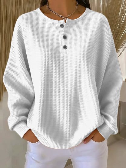 Marbella | Women's Waffle Knit Henley Drop Shoulder Sweatshirt
