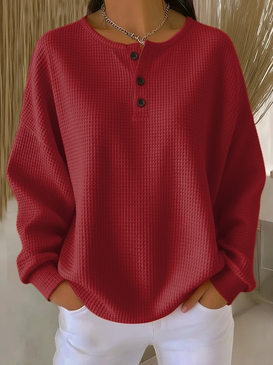 Marbella | Women's Waffle Knit Henley Drop Shoulder Sweatshirt