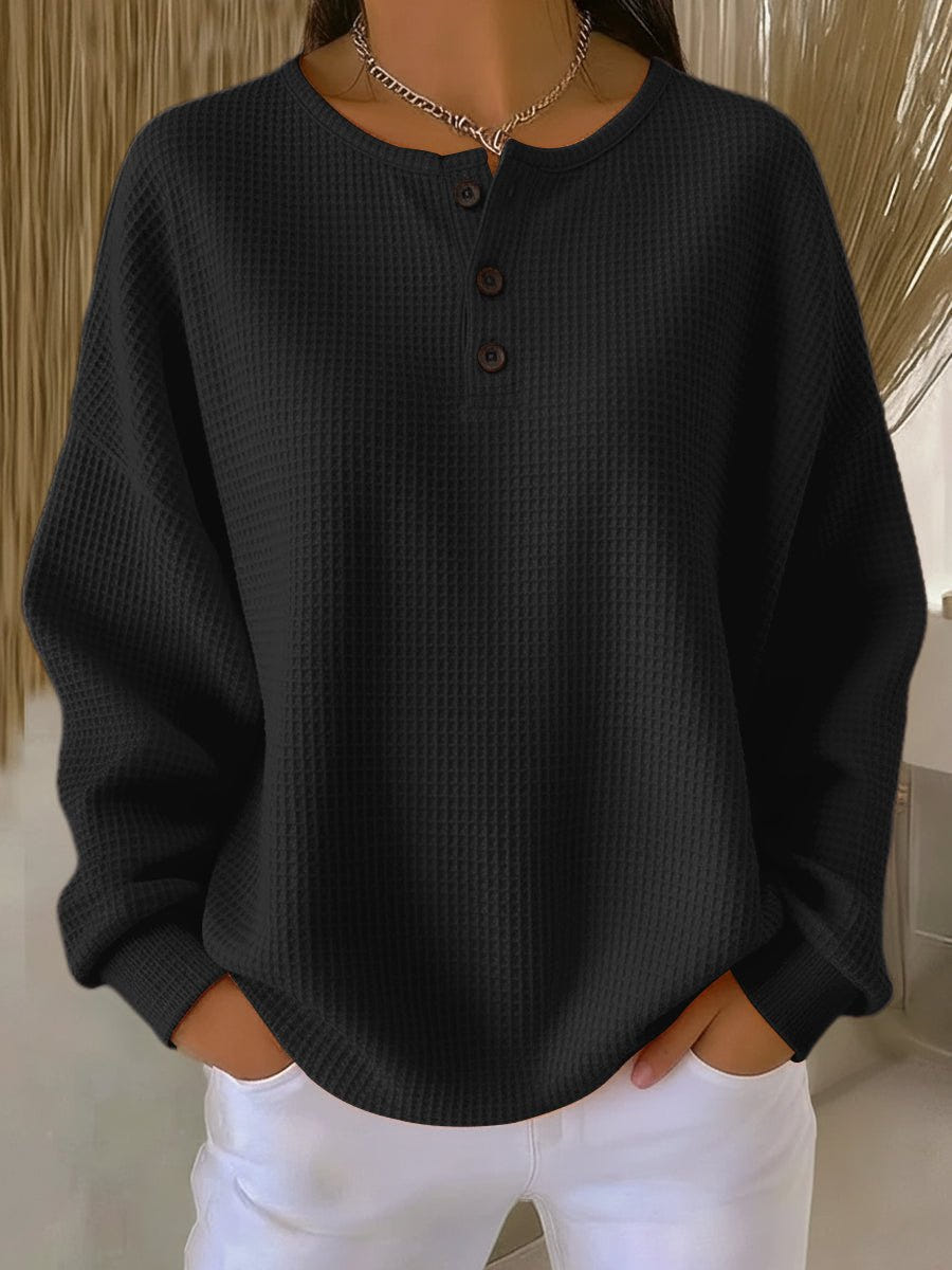 Marbella | Women's Waffle Knit Henley Drop Shoulder Sweatshirt