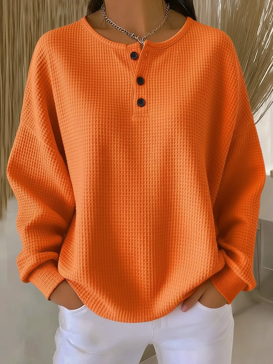 Marbella | Women's Waffle Knit Henley Drop Shoulder Sweatshirt