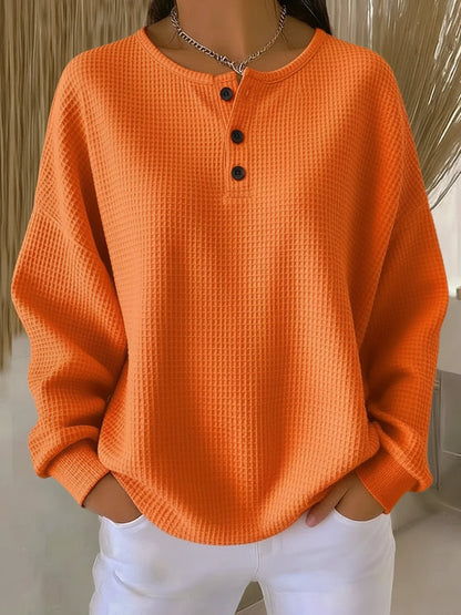 Marbella | Women's Waffle Knit Henley Drop Shoulder Sweatshirt