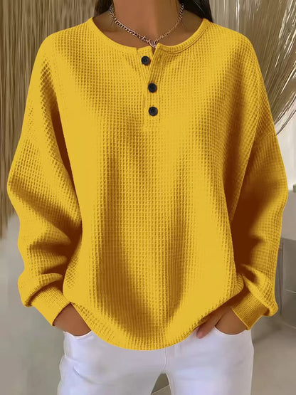 Marbella | Women's Waffle Knit Henley Drop Shoulder Sweatshirt