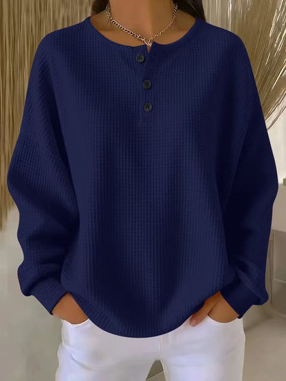 Marbella | Women's Waffle Knit Henley Drop Shoulder Sweatshirt