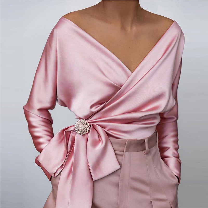 Elara | Women's Satin Wrap Bow Detail Off Shoulder Blouse