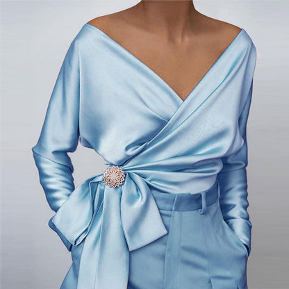 Elara | Women's Satin Wrap Bow Detail Off Shoulder Blouse