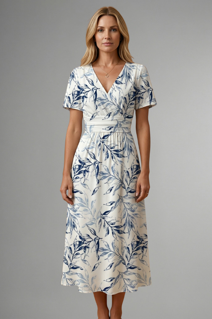 Iris | Floral Print V Neck A Line Midi Elegant Dress
