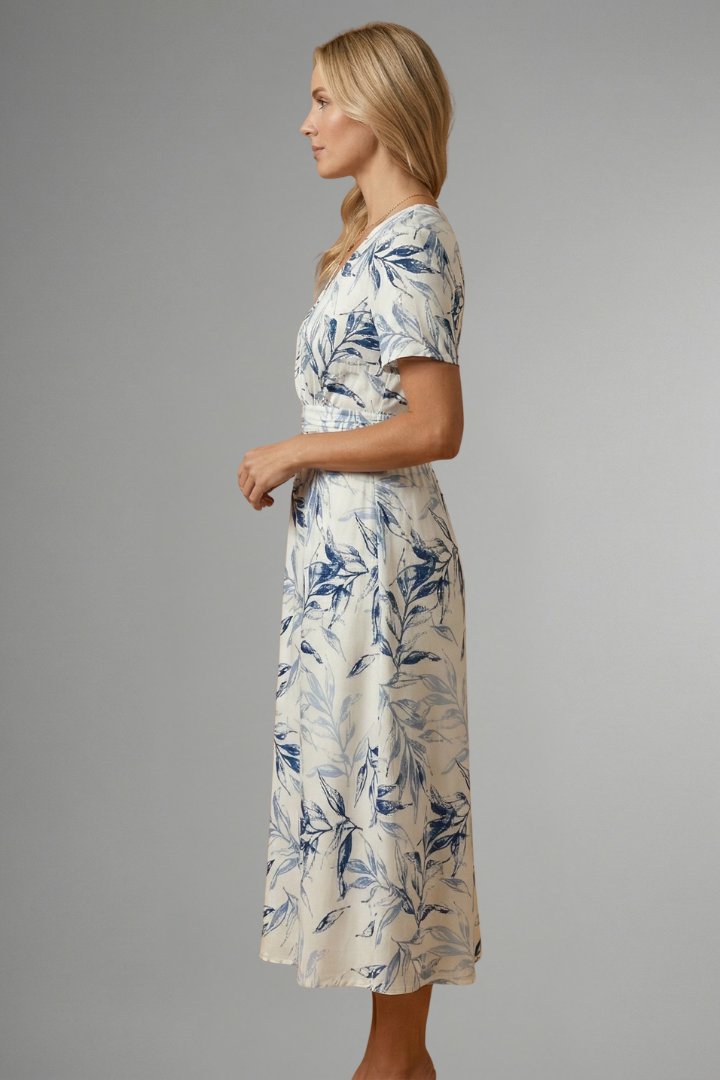Iris | Floral Print V Neck A Line Midi Elegant Dress