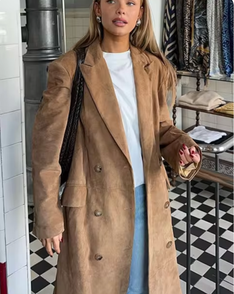 Delarie | Women's Long Suede Trench Coat with Tailored Belted Fit