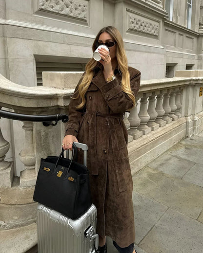 Delarie | Women's Long Suede Trench Coat with Tailored Belted Fit