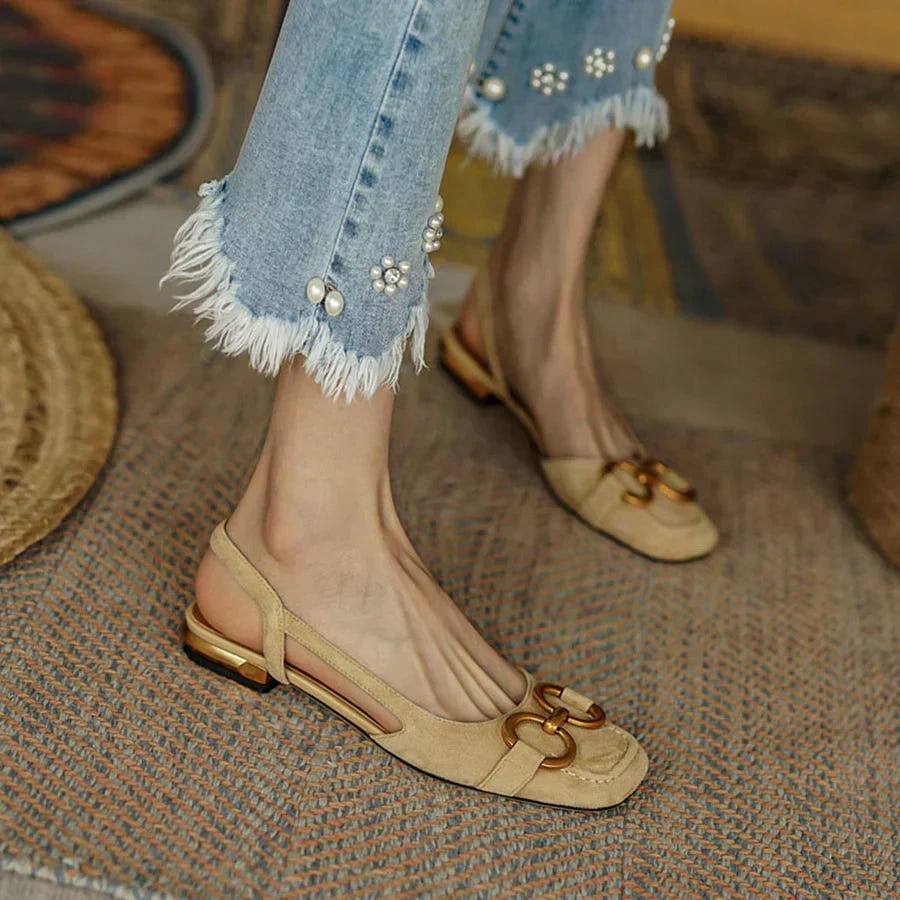 Virginia | Elegant Block Heeled Sandals Suede Slingback Gold Hardware
