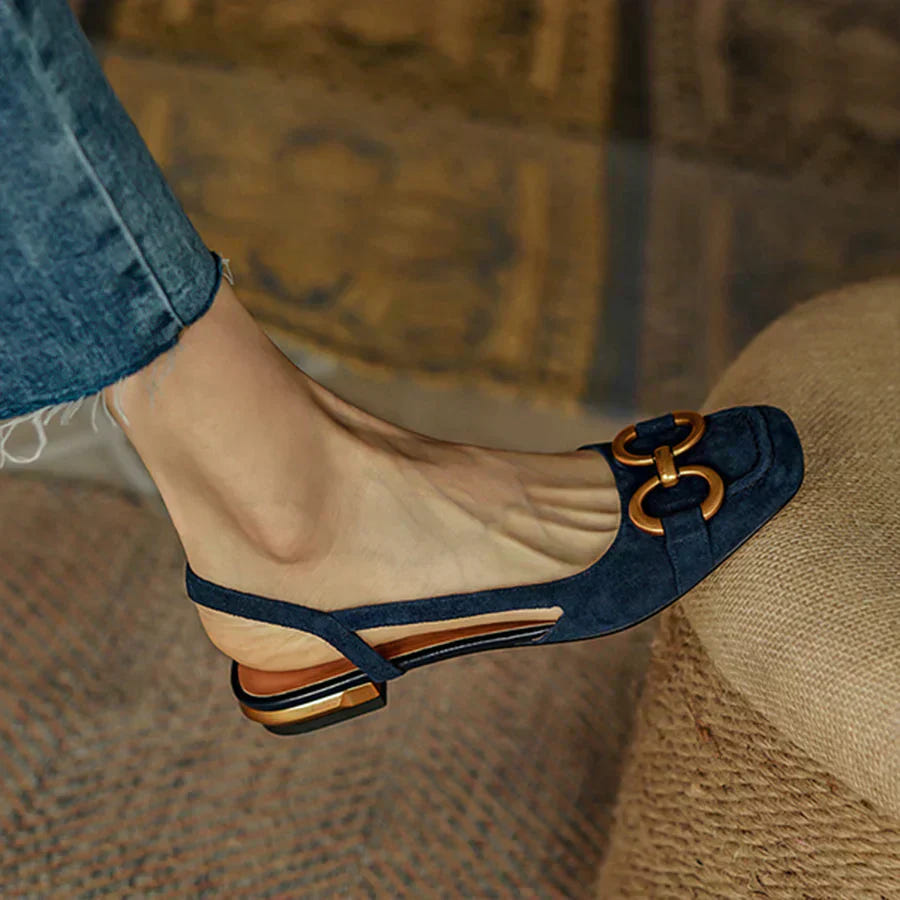 Virginia | Elegant Block Heeled Sandals Suede Slingback Gold Hardware