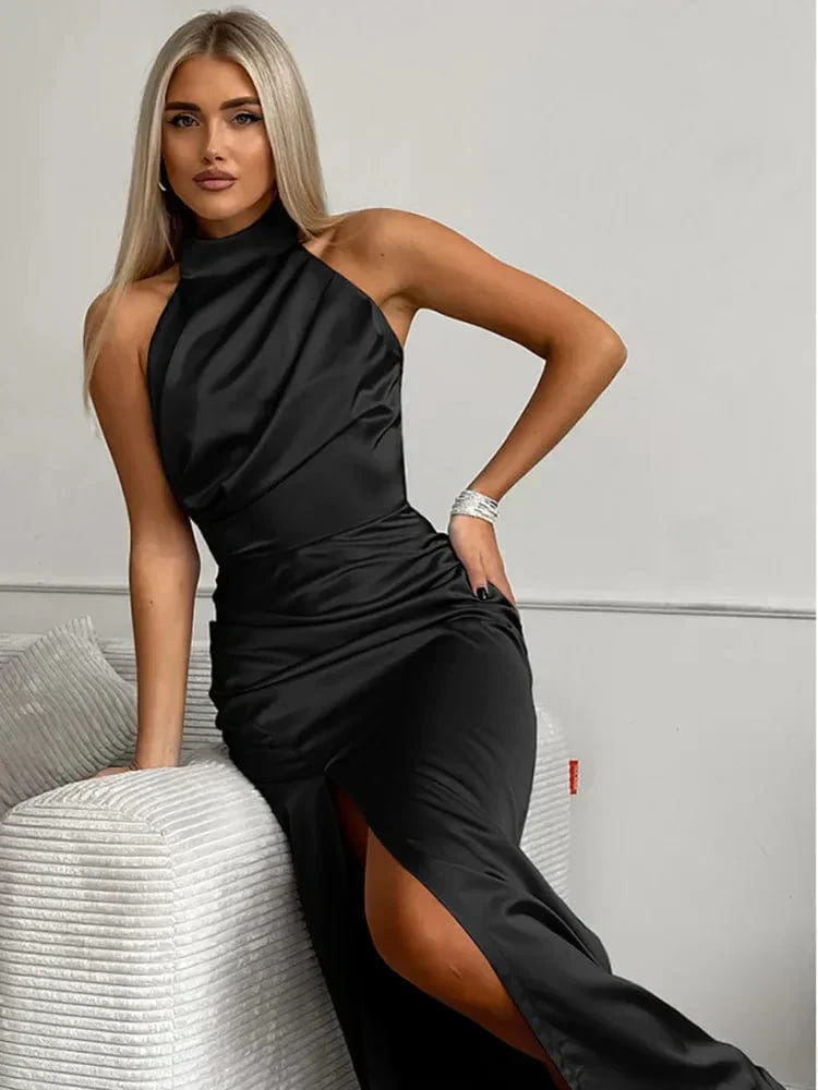 Serena | Women's Satin Maxi Dress Halter Draped High Slit Formal