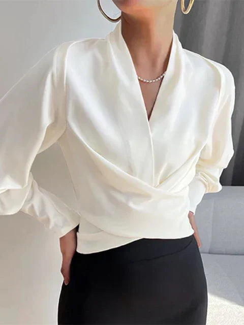 Marisette | Women's Elegant Draped V-Neck Puff Sleeve Blouse