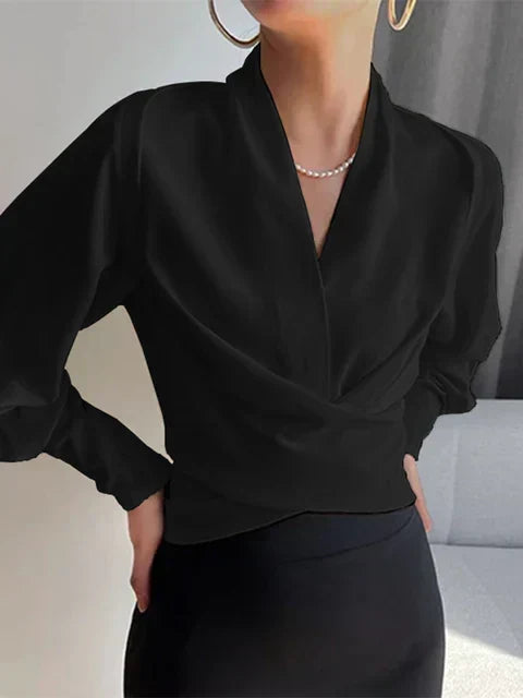 Marisette | Women's Elegant Draped V-Neck Puff Sleeve Blouse