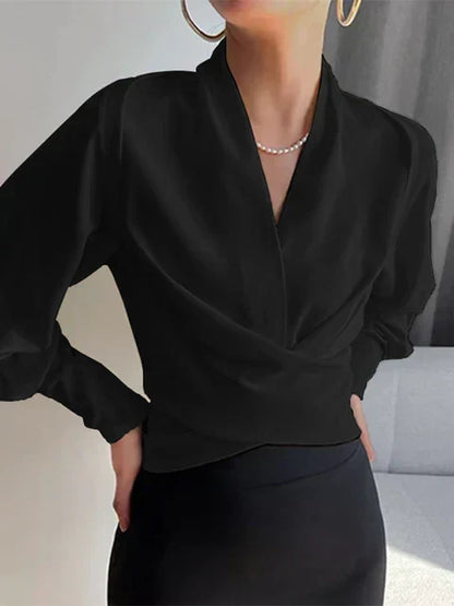 Marisette | Women's Elegant Draped V-Neck Puff Sleeve Blouse