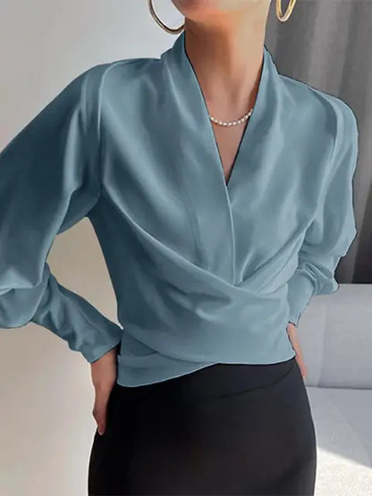 Marisette | Women's Elegant Draped V-Neck Puff Sleeve Blouse