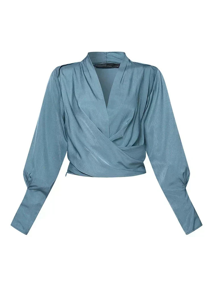 Marisette | Women's Elegant Draped V-Neck Puff Sleeve Blouse