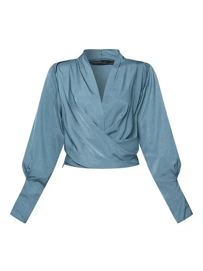 Marisette | Women's Elegant Draped V-Neck Puff Sleeve Blouse
