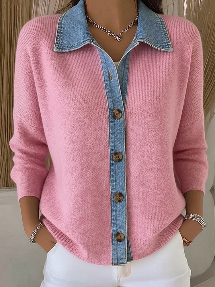 Marlouise | Women's Polo Collar Denim Trim Knit Cardigan