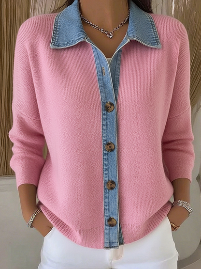 Marlouise | Women's Polo Collar Denim Trim Knit Cardigan