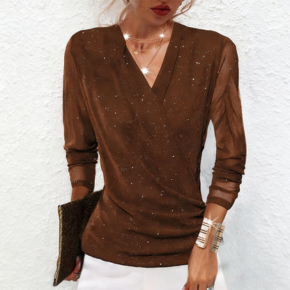 Ophelia | Women's Draped V Neck Sparkle Long Sleeve Going Out Top