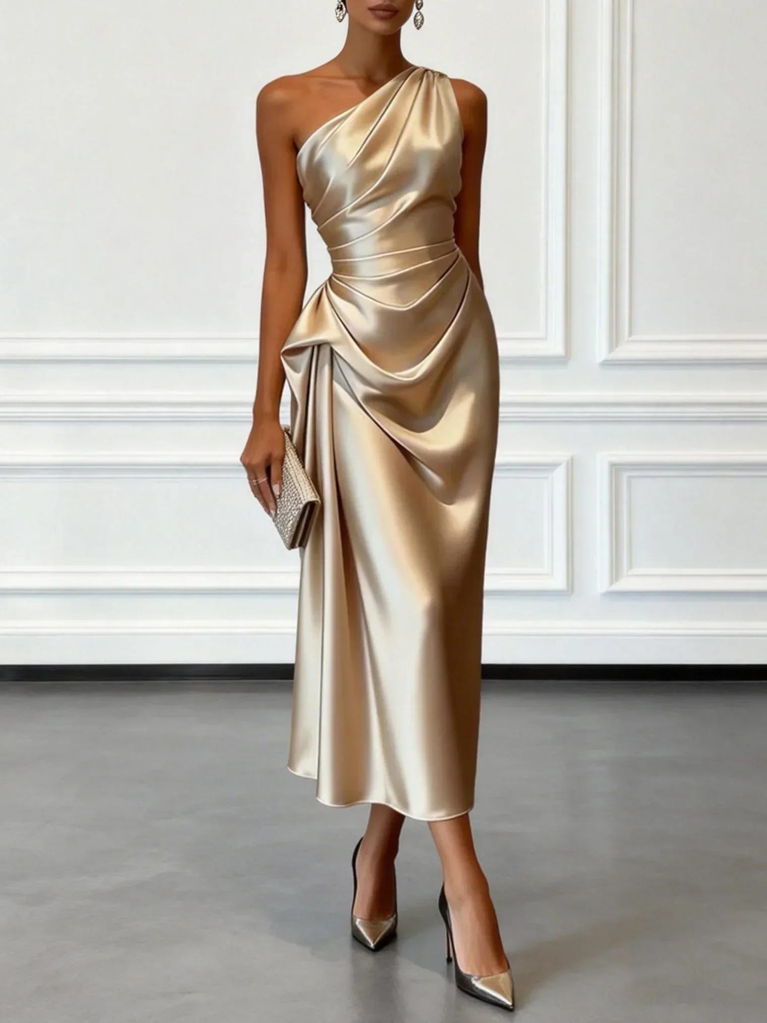 Aurelia | Women's One Shoulder Satin Midi Wedding Guest Dress