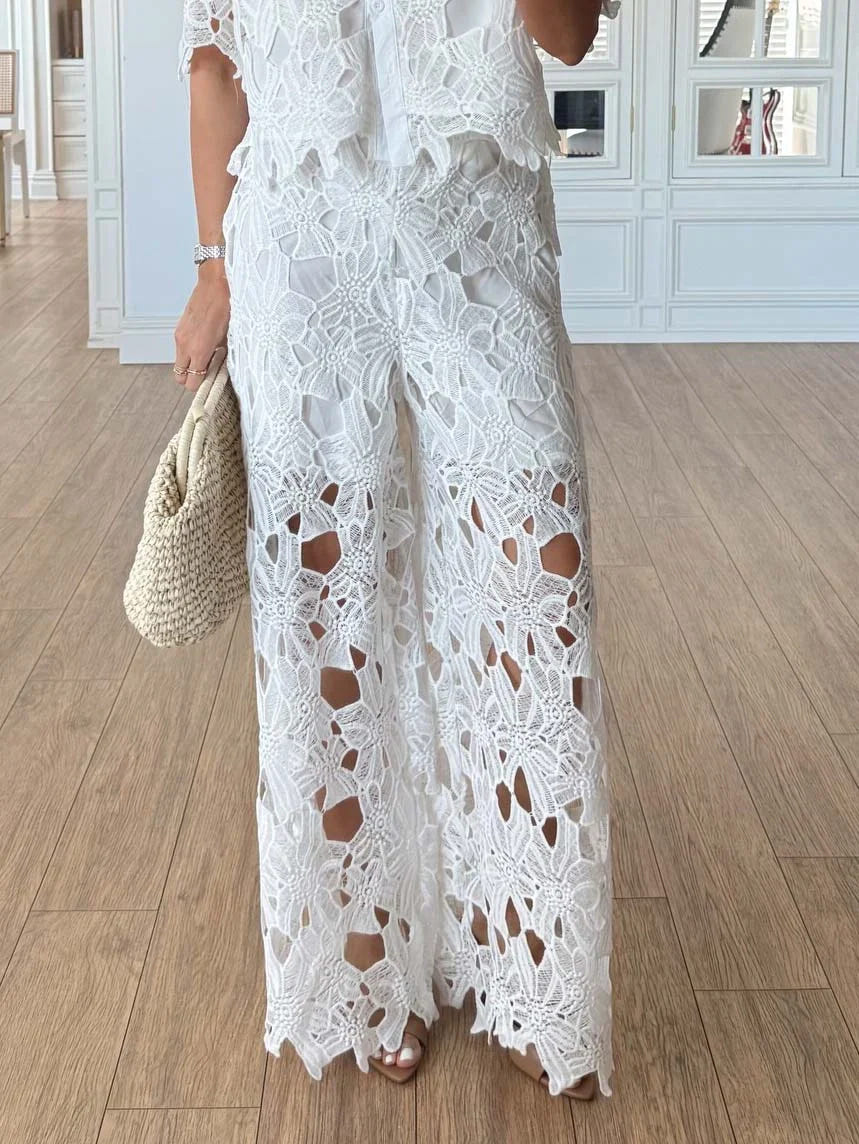 Elara | Women's Elegant Lace Cutout Shirt Wide Leg Two Piece Set