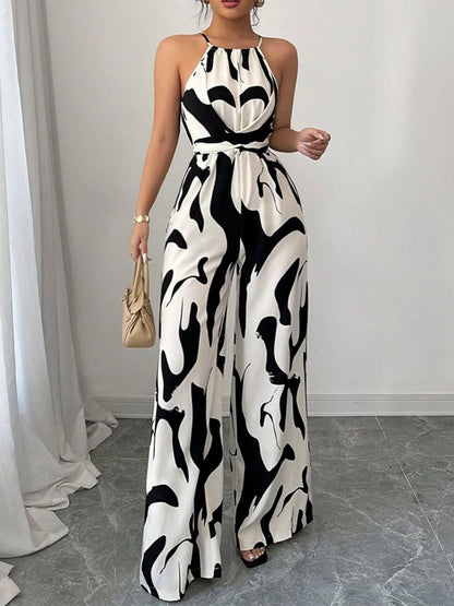Elara | Women's Abstract Print Halter Neck Tie Waist Wide Leg Jumpsuit