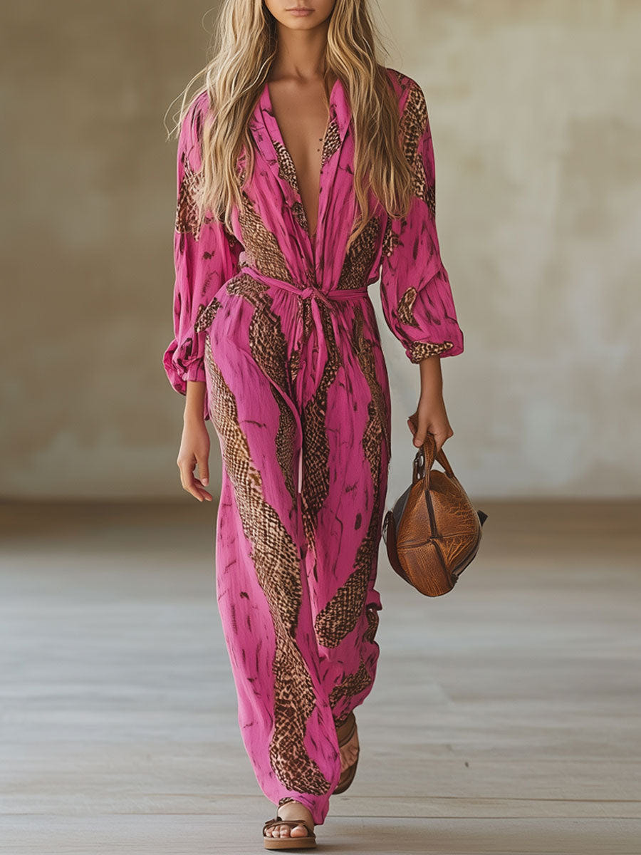 Allegra | Snake Print Deep V Neck Tie Waist Long Sleeve Wide Leg Jumpsuit