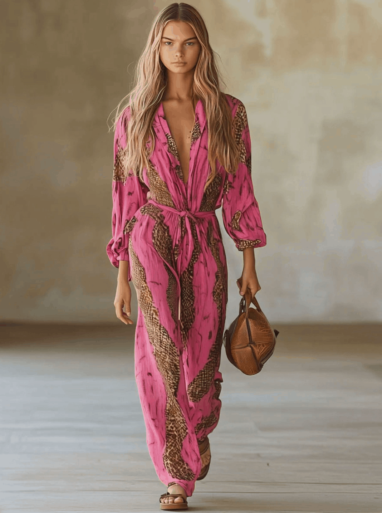 Allegra | Snake Print Deep V Neck Tie Waist Long Sleeve Wide Leg Jumpsuit