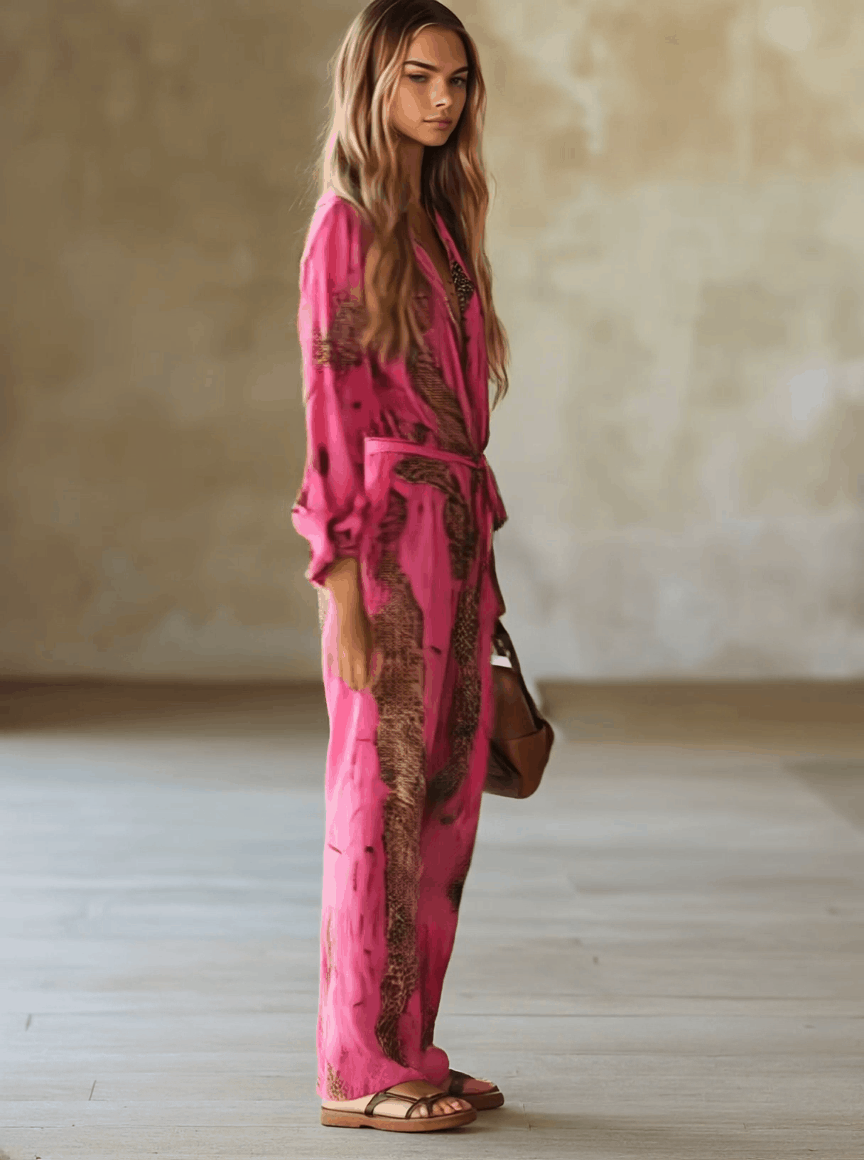 Allegra | Snake Print Deep V Neck Tie Waist Long Sleeve Wide Leg Jumpsuit
