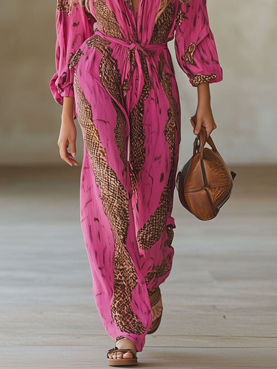 Allegra | Snake Print Deep V Neck Tie Waist Long Sleeve Wide Leg Jumpsuit