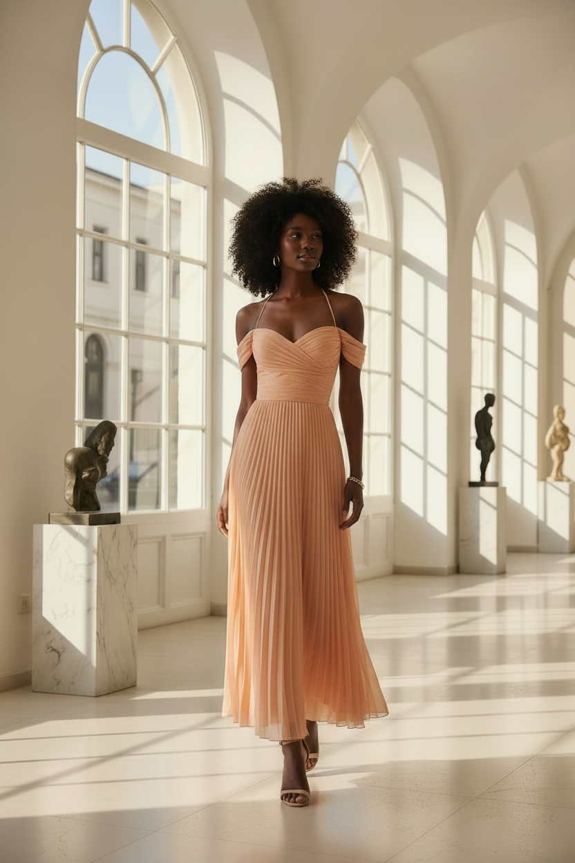Emma | Pleated Off Shoulder Maxi Wedding Guest Dress