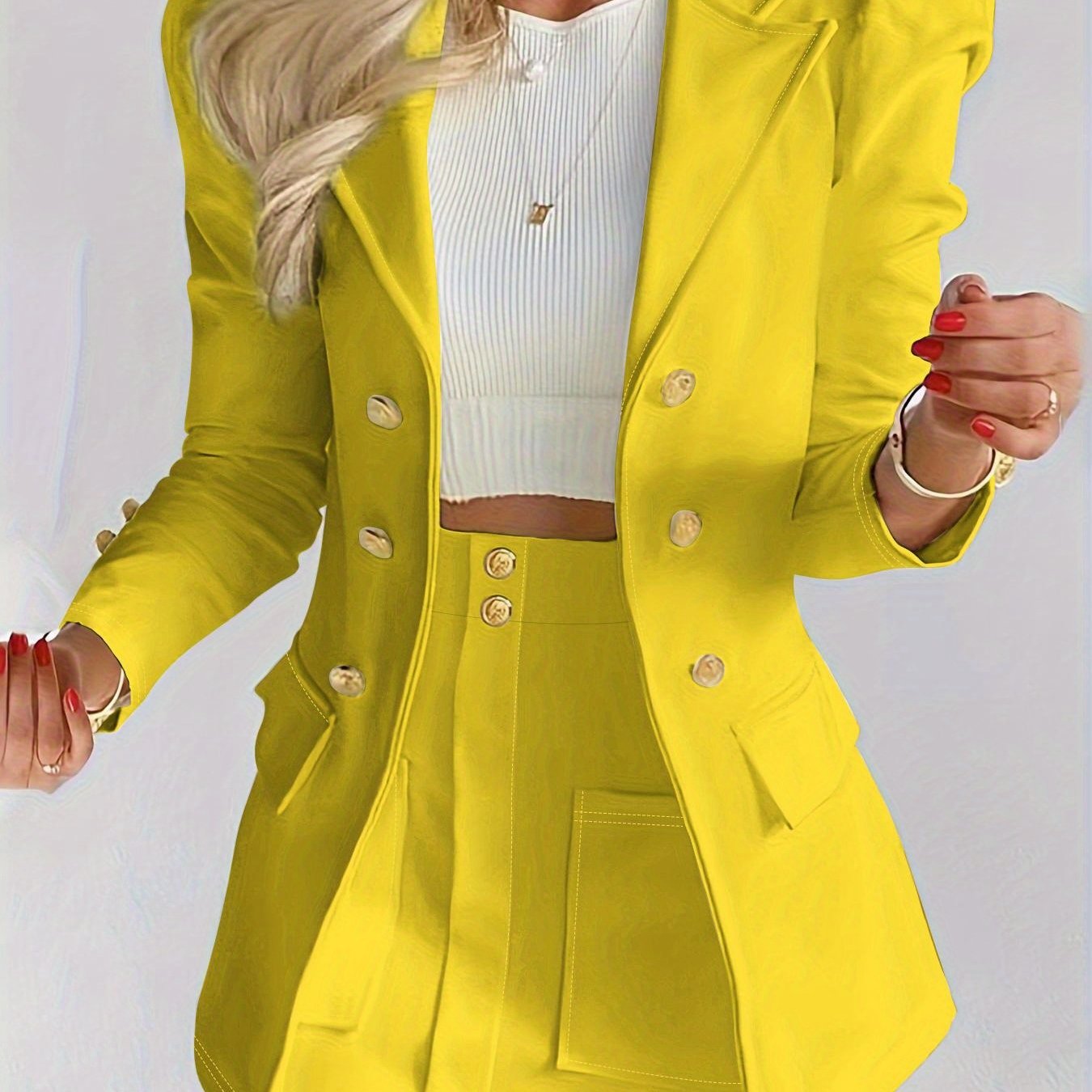 Elodie | Women's Tailored Puff Sleeve Double Breasted Blazer Skirt Two Piece Set