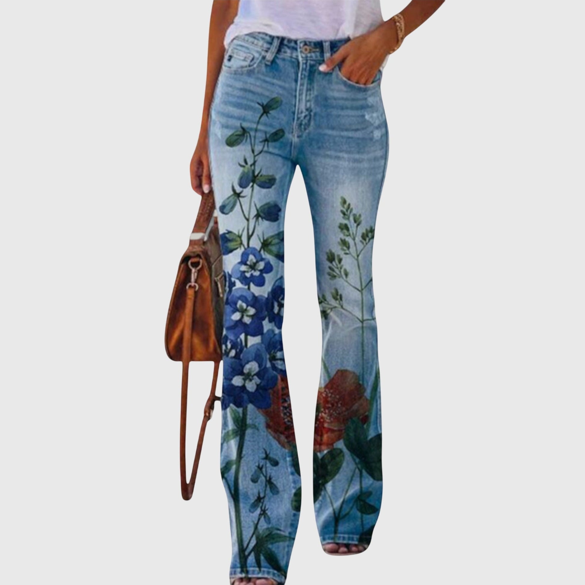 Wildflower | Women's High Waisted Floral Print Flared Denim Jeans