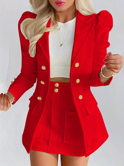 Elodie | Women's Tailored Puff Sleeve Double Breasted Blazer Skirt Two Piece Set