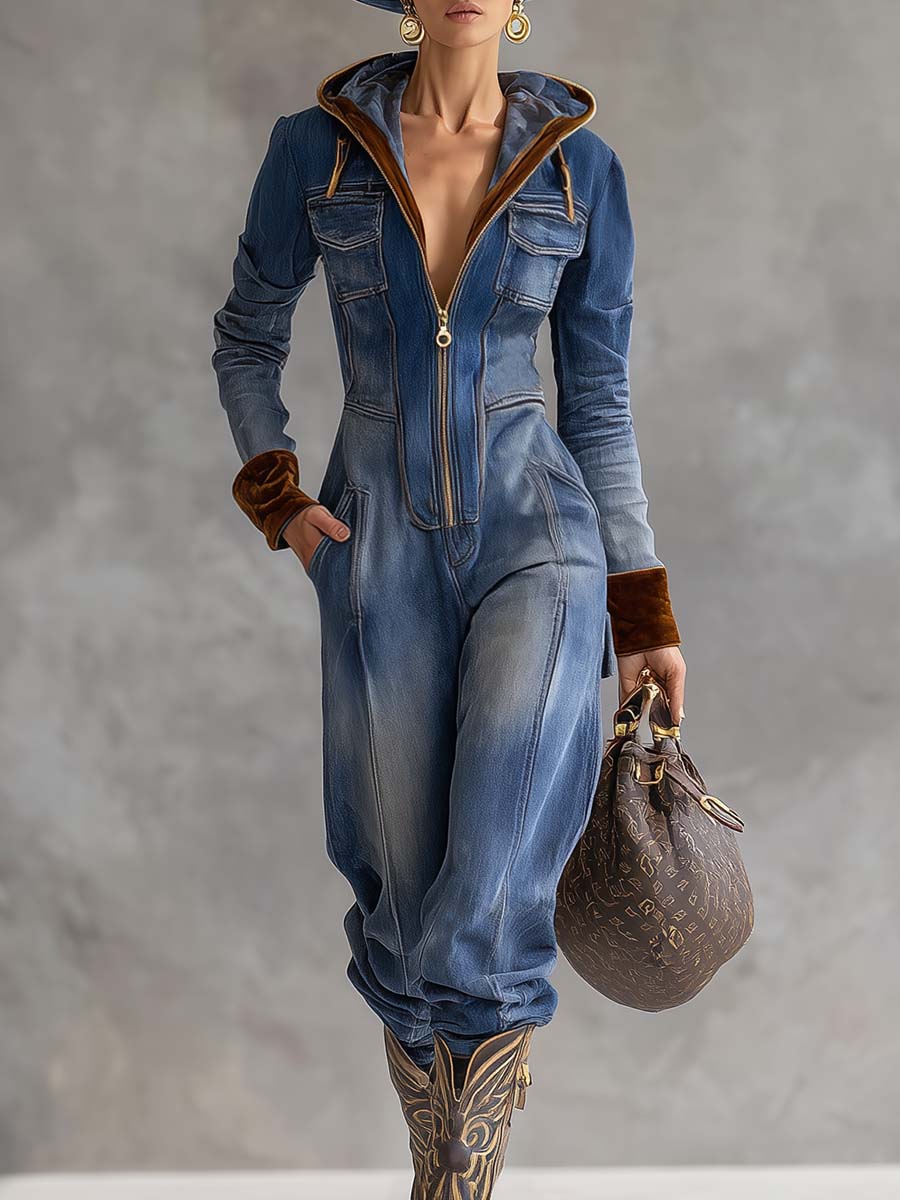 Brenna | Denim Zip Front Hooded Long Sleeve Contrast Trim Casual Jumpsuit