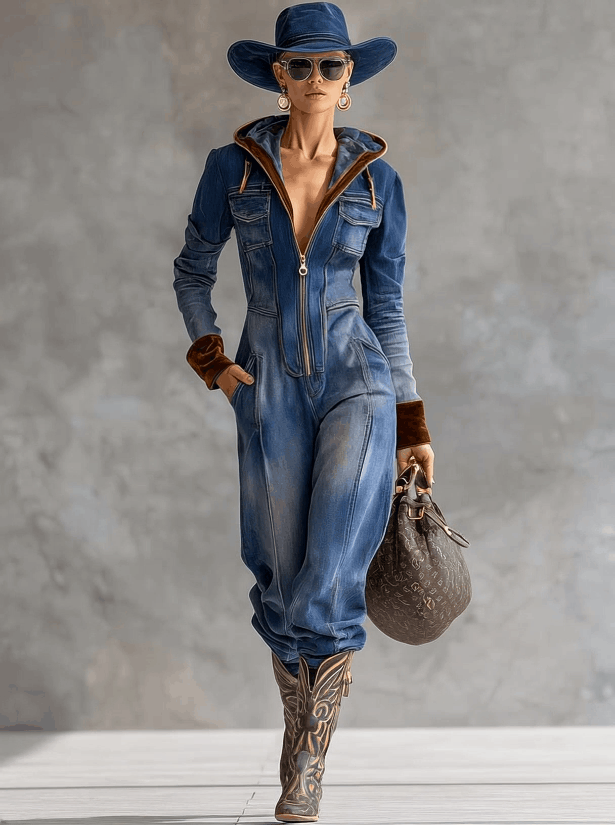 Brenna | Denim Zip Front Hooded Long Sleeve Contrast Trim Casual Jumpsuit