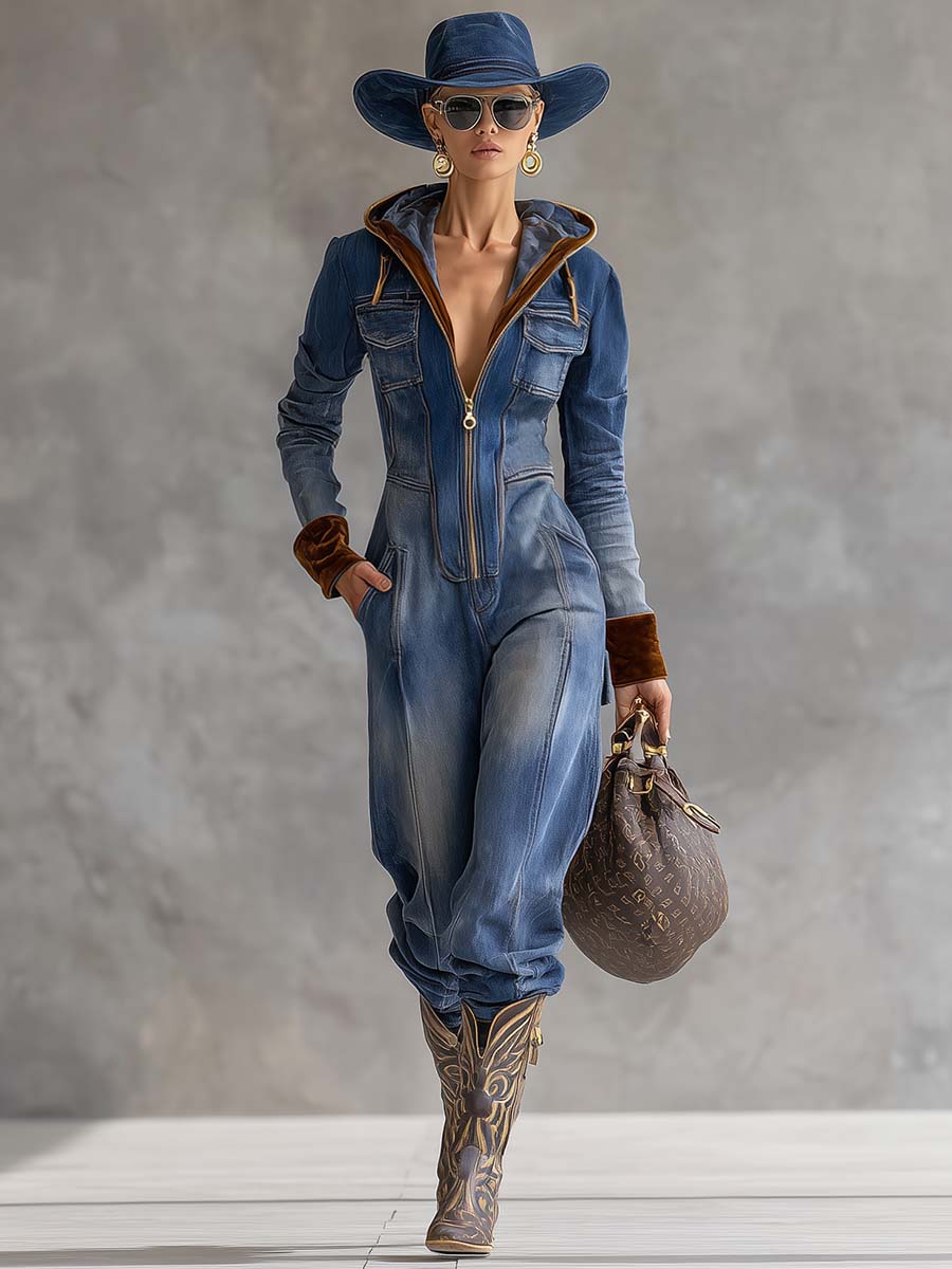Brenna | Denim Zip Front Hooded Long Sleeve Contrast Trim Casual Jumpsuit