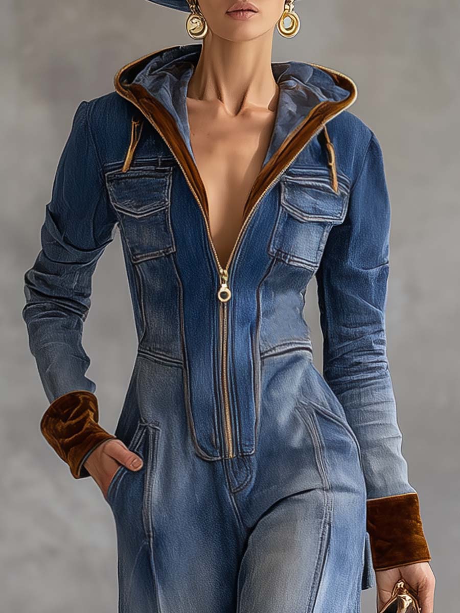 Brenna | Denim Zip Front Hooded Long Sleeve Contrast Trim Casual Jumpsuit