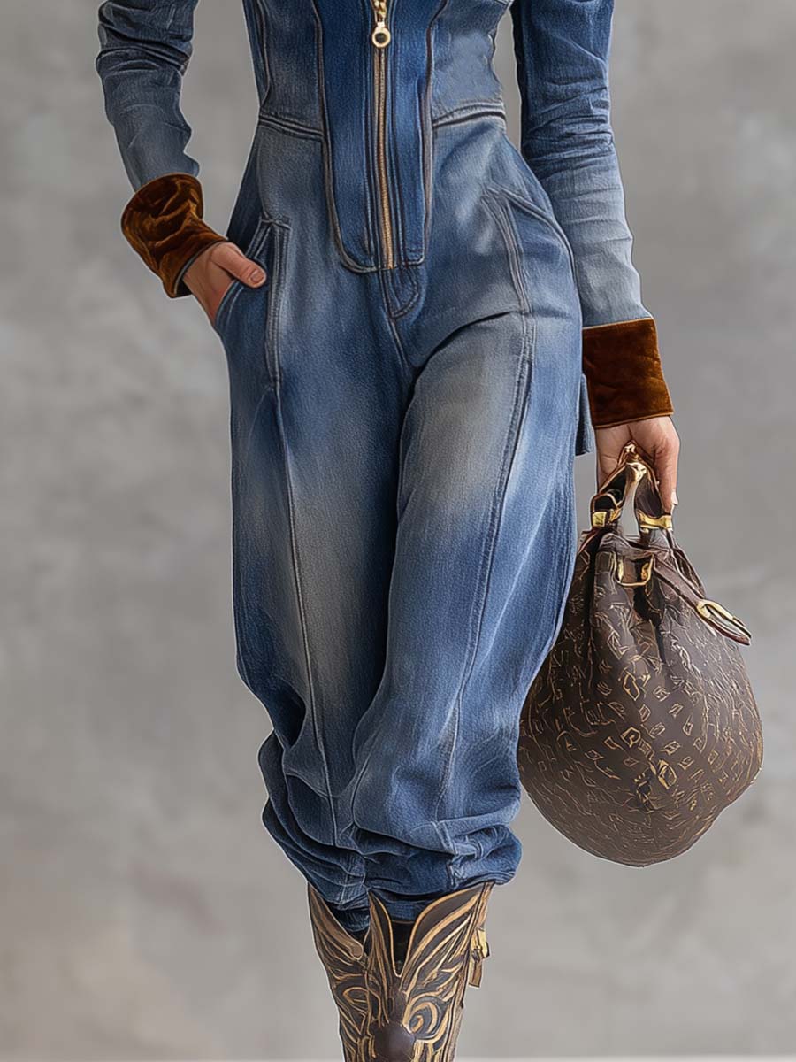 Brenna | Denim Zip Front Hooded Long Sleeve Contrast Trim Casual Jumpsuit