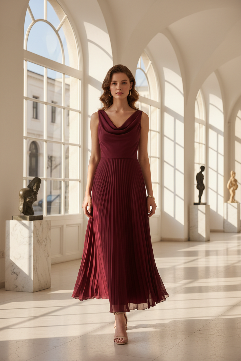 Noir | Draped Cowl Neck Sleeveless Pleated Chiffon Elegant Wedding Guest Dress