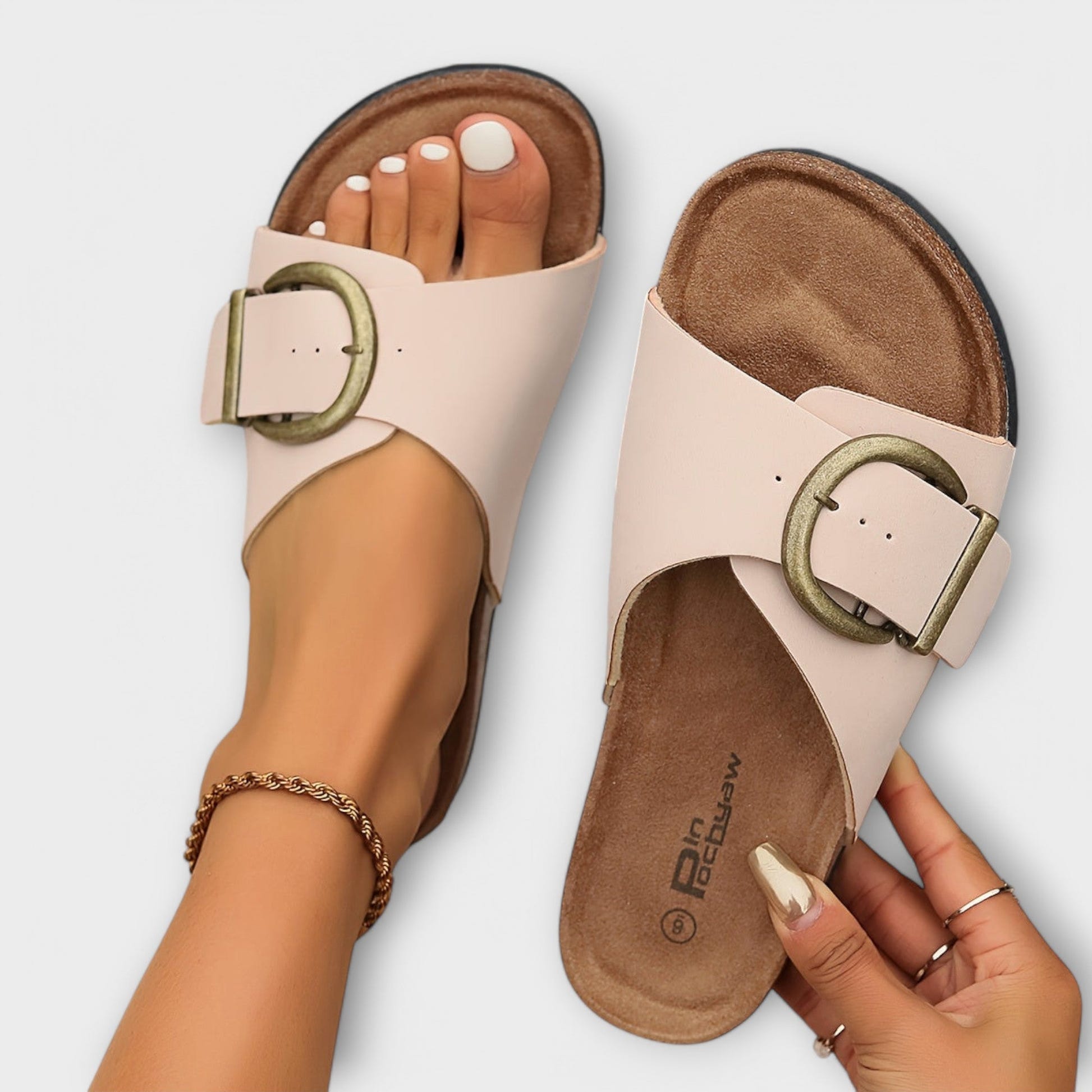 Joanna | Flat Sandals Cork Footbed Buckle Slide Orthopedic