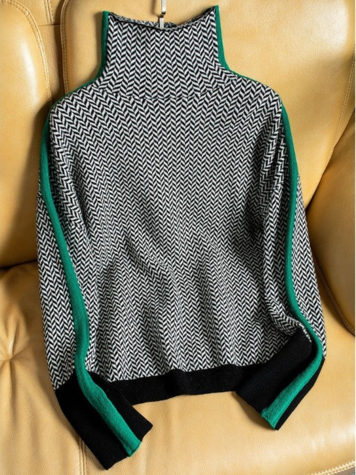 Wren | Women's Turtleneck Herringbone Contrast Knit Sweater