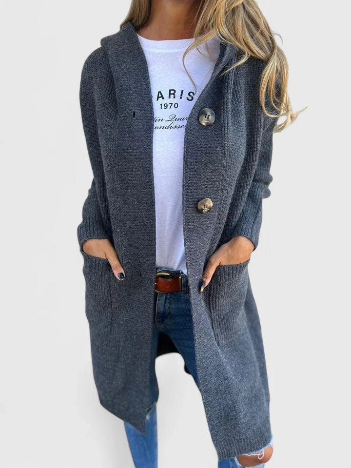 Elara | Women's Longline Hooded Chunky Knit Button Front Cardigan