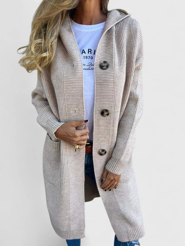 Elara | Women's Longline Hooded Chunky Knit Button Front Cardigan